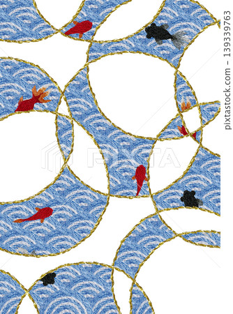 【日式背景裝飾,波浪圖案與金魚(直式)】手工刺繡插畫素材 【日式背景裝飾,波浪圖案與金魚(直式)】手工刺繡插畫素材 139339763