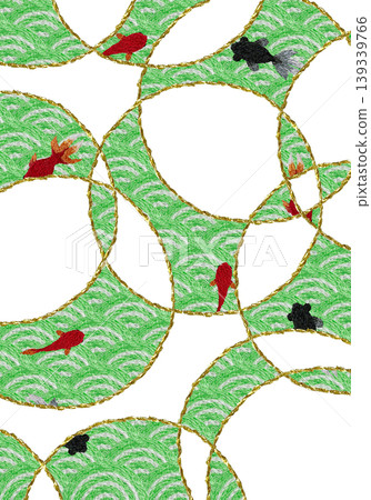 [Japanese-style background decoration with wave pattern and goldfish (vertical)] Hand-embroidered illustration material 139339766