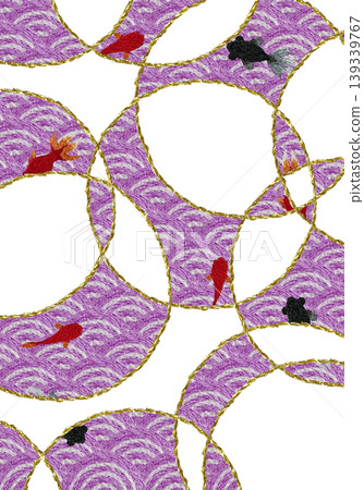 [Japanese-style background decoration with wave pattern and goldfish (vertical)] Hand-embroidered illustration material 139339767