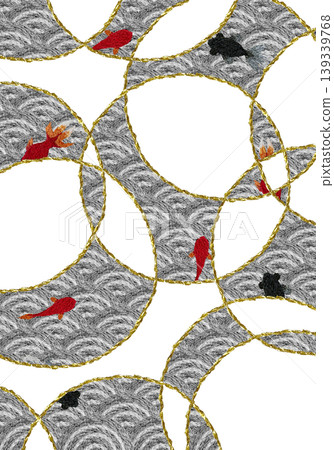 [Japanese-style background decoration with wave pattern and goldfish (vertical)] Hand-embroidered illustration material 139339768
