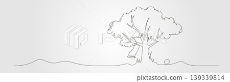continues line art tree with a swing hanging from a branch. 139339814