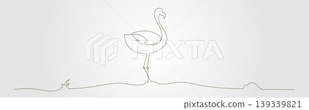 Flamingo continues as a single line drawing of a flamingo standing on land. Flamingo continues as a single line drawing of a flamingo standing on land. 139339821