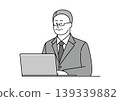 An illustration of a senior man in a suit smiling while using a computer. 139339882