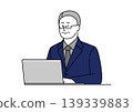 An illustration of a senior man in a suit smiling while using a computer. 139339883
