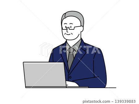 An illustration of a senior man in a suit smiling while using a computer. An illustration of a senior man in a suit smiling while using a computer. 139339883
