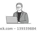 An illustration of a senior man in a jacket using a computer with a smile. 139339884