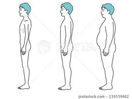 Illustrations comparing the body types of adult men (3 types: thin, average, and obese - side view) 139339982