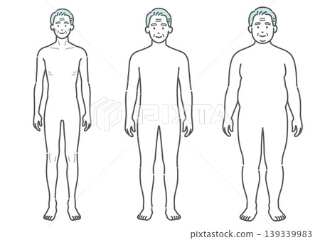 Illustrations comparing the body types of senior men (3 types: thin, average, and obese - front view) 139339983
