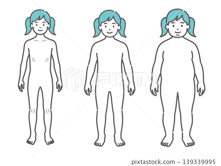 對比女孩體型的插圖（3 種類型：瘦、中等、肥胖 - 正面圖） 139339995