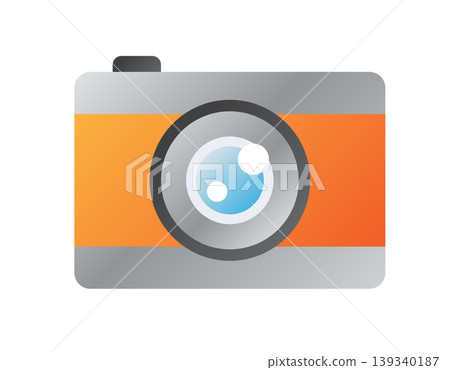 Modern digital camera icon with orange body and reflective lens Modern digital camera icon with orange body and reflective lens 139340187