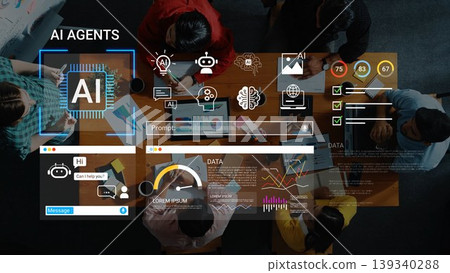 Group of professionals engaged in discussion about AI technology, data analysis, and business strategies with visual graphics and icons in background Gluon Group of professionals engaged in discussion about AI technology, data analysis, and business strategies with visual graphics and icons in background Gluon 139340288