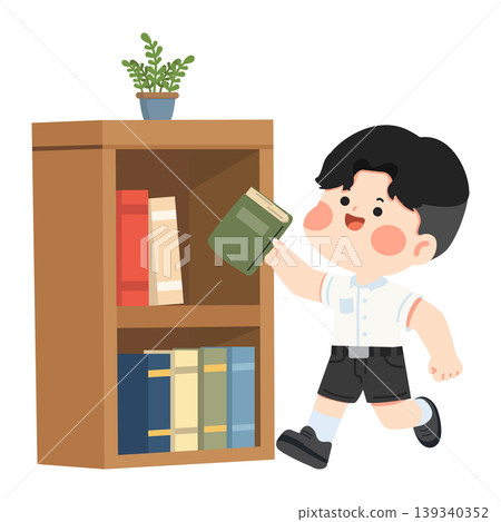 Boy Reaching for Book on Shelf Boy Reaching for Book on Shelf 139340352