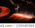Vinyl record spinning on turntable with red light effect 139340384