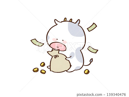 一頭乳牛，身上帶著很多鈔票和硬幣 139340476