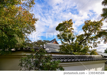 Close-up of the roof of Tenryuji Temple in Kyoto, Japan with trees. Roof tile pattern. Major tourist attraction in Kansai region in Japan. Japan famous historic architecture. Building structure. Close-up of the roof of Tenryuji Temple in Kyoto, Japan with trees. Roof tile pattern. Major tourist attraction in Kansai region in Japan. Japan famous historic architecture. Building structure. 139340584