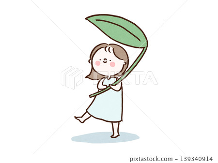 A little fairy girl holding a large leaf as an umbrella. A little fairy girl holding a large leaf as an umbrella. 139340914
