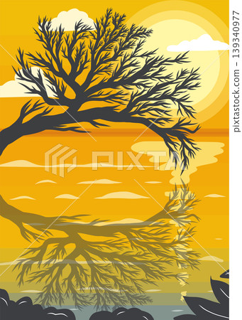 The reflections of trees and lake under the setting sun The reflections of trees and lake under the setting sun 139340977