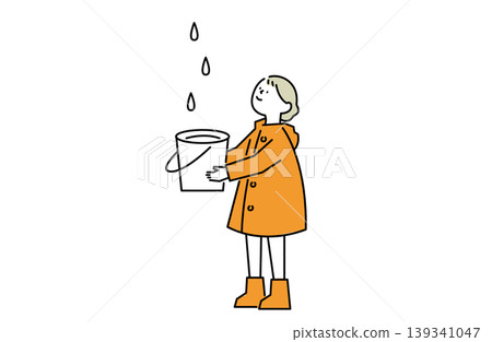 A girl catches water droplets in a bucket. A girl catches water droplets in a bucket. 139341047