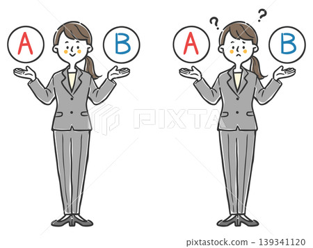 選擇 A 和 B；一位難以抉擇的女白領；全身像；向量圖 139341120