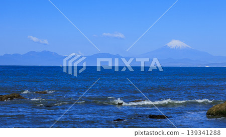 Mount Fuji in winter, viewed across the sea from the Shonan coast. Mount Fuji in winter, viewed across the sea from the Shonan coast. 139341288