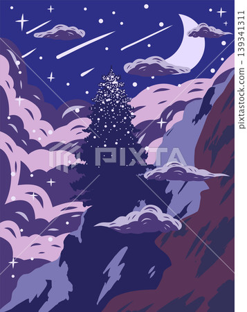 Dreamy Night Sky and Mountain Forest Illustration Dreamy Night Sky and Mountain Forest Illustration 139341311