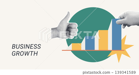 Trendy Halftone Collage of a halftone thumbs up hand beside a rising bar chart with star burst, symbolizing business growth and approval, ideal for corporate, finance, and success content. 139341589