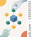 Trendy Halftone Collage of two halftone hands managing a connected 3D cube network structure, symbolizing data infrastructure and system management, ideal for technology and IT content. 139341591