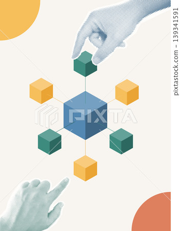 Trendy Halftone Collage of two halftone hands managing a connected 3D cube network structure, symbolizing data infrastructure and system management, ideal for technology and IT content. Trendy Halftone Collage of two halftone hands managing a connected 3D cube network structure, symbolizing data infrastructure and system management, ideal for technology and IT content. 139341591