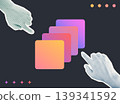 Trendy Halftone Collage of two halftone hands pointing at stacked gradient cards, symbolizing digital flow and content management, ideal for technology, UI design, and digital media content. 139341592