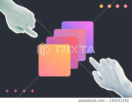 Trendy Halftone Collage of two halftone hands pointing at stacked gradient cards, symbolizing digital flow and content management, ideal for technology, UI design, and digital media content. 139341592