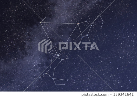 逼真的星空背景,帶有冬季大三角的星座線和三角形參考線。 逼真的星空背景,帶有冬季大三角的星座線和三角形參考線。 139341641