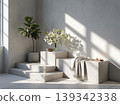 Ultra Minimal White Interior With Sunlit Steps, Potted Plant and Lily Bouquet 139342338