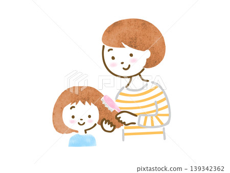 An illustration of a mother combing her daughter's hair. An illustration of a mother combing her daughter's hair. 139342362
