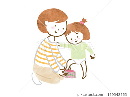 An illustration of a mother putting a skirt on her daughter. An illustration of a mother putting a skirt on her daughter. 139342363