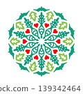 Decorative Green Leaf Radial Pattern with Red Hearts 139342464