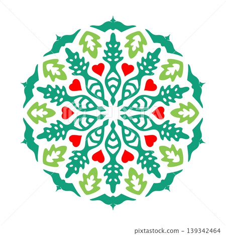 Decorative Green Leaf Radial Pattern with Red Hearts Decorative Green Leaf Radial Pattern with Red Hearts 139342464