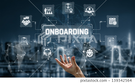 Visual representation of digital onboarding process highlighting key elements like training, communication, and human resources in a modern corporate setting. Sigmoid Visual representation of digital onboarding process highlighting key elements like training, communication, and human resources in a modern corporate setting. Sigmoid 139342564