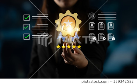 Professional Businessman Holding Award Symbolizing Quality Standards and ISO Certification with Check Marks and Documents in Background Cyphers. 139342582