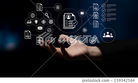 Modern Digital Representation of Data Management and Analysis with Icons and Hand Gesture in a Futuristic Environment Gantry Modern Digital Representation of Data Management and Analysis with Icons and Hand Gesture in a Futuristic Environment Gantry 139342584