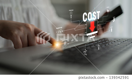 Digital Transformation in Business: User Engaging with Cost Management Tools on Laptop with Download Icon and Graphical Elements Representing Strategy Quark 139342591