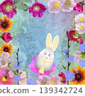 Easter greeting card with a frame of flowers and an Easter bunny egg 139342724