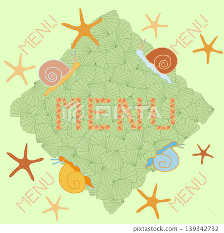 a postcard made of colorful snails, starfish and shells for the design of the children's menu a postcard made of colorful snails, starfish and shells for the design of the children's menu 139342732