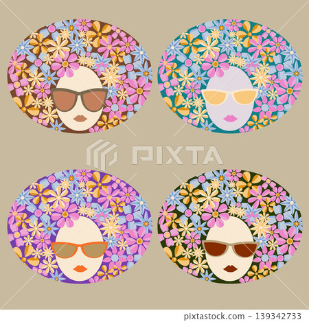 set of women s heads with a hairstyle in flowers set of women s heads with a hairstyle in flowers 139342733