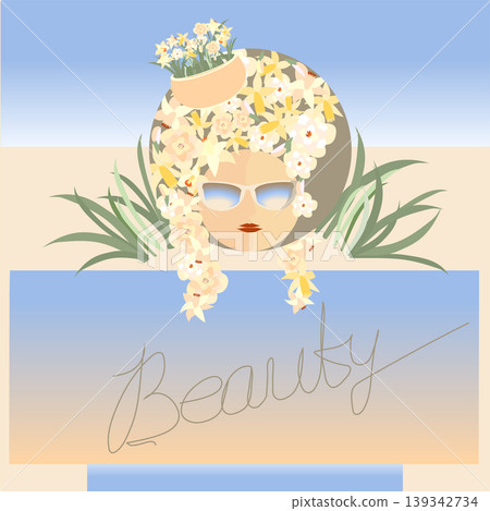 a postcard of a woman s head with a hairstyle in flowers a postcard of a woman s head with a hairstyle in flowers 139342734