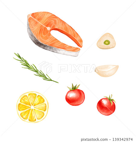 Hand drawn illustration of fresh salmon steak, tomatoes, lemon slice, garlic, and rosemary sprig 139342974