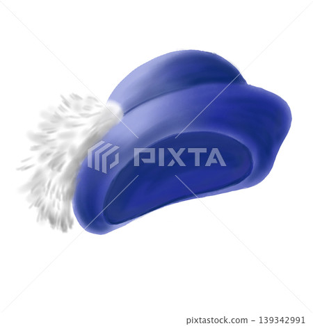 A vintage-style blue hat with feathers on a white background, digital illustration. Fashion illustration, perfect for vintage inspired fashion lover 139342991