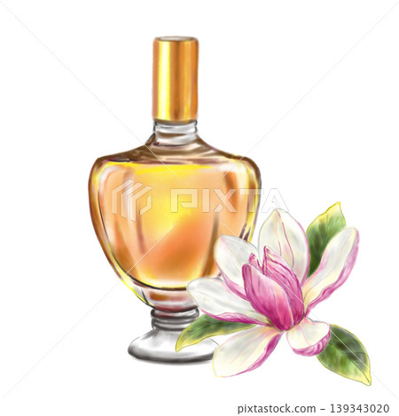Perfume bottle with magnolia on a white background, digital illustration. Retro fashion illustration, perfect for vintage inspired fashion lover Perfume bottle with magnolia on a white background, digital illustration. Retro fashion illustration, perfect for vintage inspired fashion lover 139343020