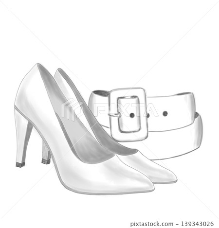 Classic white pumps and belt on a white background, digital illustration. Retro fashion illustration, perfect for vintage inspired fashion lover Classic white pumps and belt on a white background, digital illustration. Retro fashion illustration, perfect for vintage inspired fashion lover 139343026