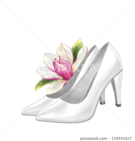 Classic white pumps with magnolia on a white background, digital illustration. Retro fashion illustration, perfect for vintage inspired fashion lover Classic white pumps with magnolia on a white background, digital illustration. Retro fashion illustration, perfect for vintage inspired fashion lover 139343027