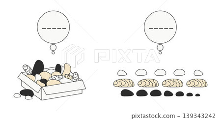 Stones and Rocks Sorting Set. Cardboard Box with Pebbles and Organized Row. Thought Bubble with Dashed Line. Mind Storage and Order Concept. Therapy Chaos into Order. Isolated Vector Illustration. Stones and Rocks Sorting Set. Cardboard Box with Pebbles and Organized Row. Thought Bubble with Dashed Line. Mind Storage and Order Concept. Therapy Chaos into Order. Isolated Vector Illustration. 139343242